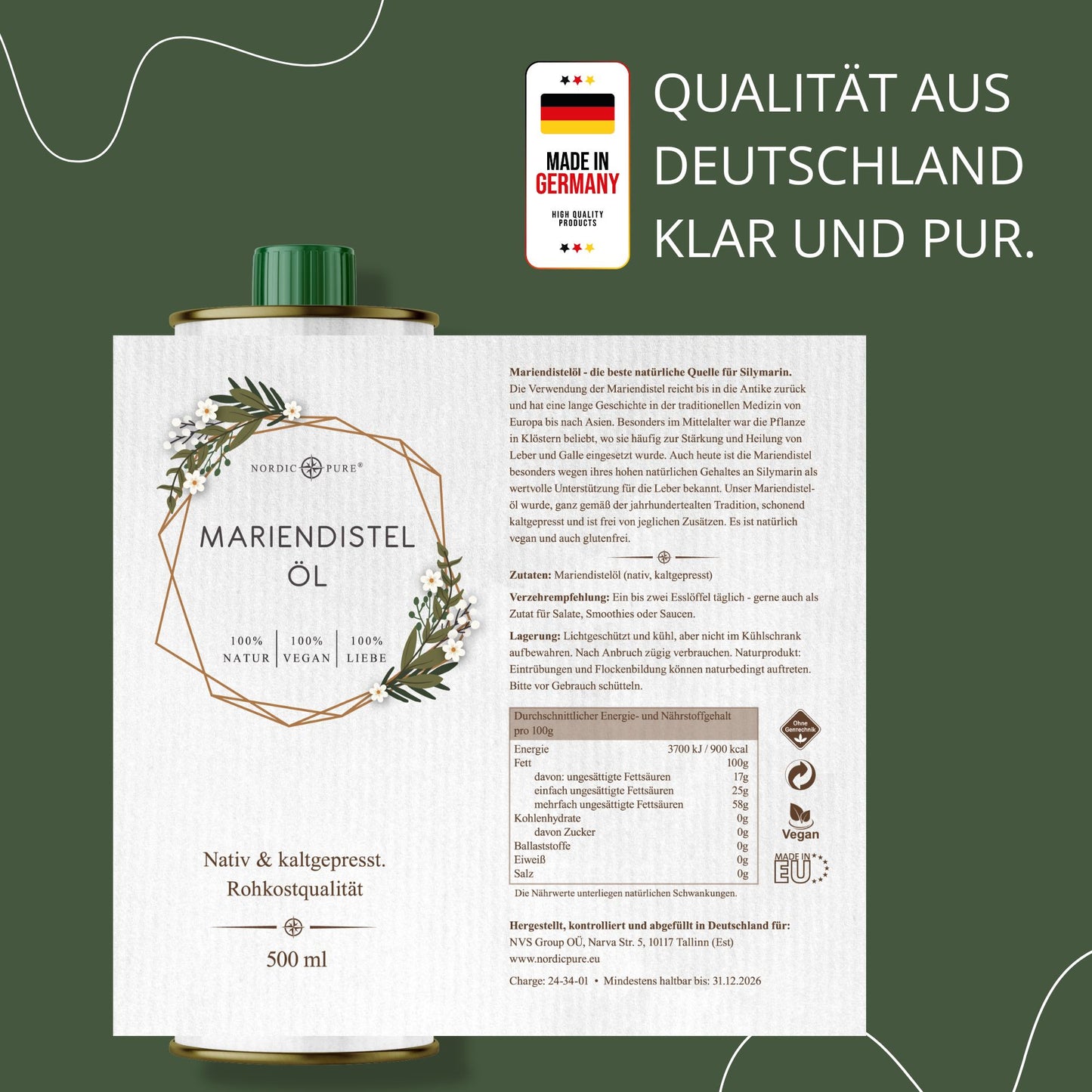 Mariendistelöl 500 ml – kaltgepresst (Silybum marianum)